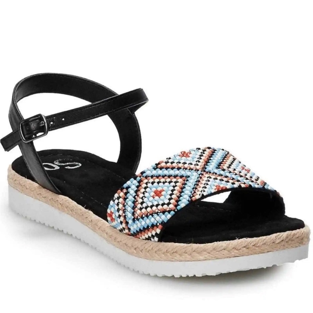 SO black, white & turquoise embellished espadrille sandal Size 6.5